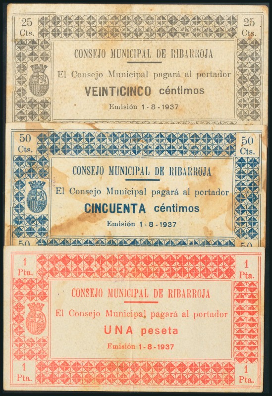 RIBARROJA (VALENCIA). 25 Céntimos, 50 Céntimos y 1 Peseta. 1 de Agosto de 1937. ...