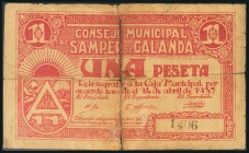 SAMPER DE CALANDA (TERUEL). 1 Peseta. 24 de Abril de 1937. (González: 4661). Raro y con presencia de cinta adhesiva, habiéndose llegado a partir en cu...