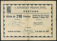 SASTAGO (ZARAGOZA). 2 Pesetas. 11 de Mayo de 1937. Serie B. (González: 4795). Raro. MBC-.