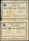 SASTAGO (ZARAGOZA). 50 Céntimos y 1 Peseta. 11 de Mayo de 1937. Serie A y L, respectivamente. (González: 4796, 4797). Inusuales, el 50 cts presencia d...
