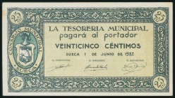 SUECA (VALENCIA). 25 Céntimos. 1 de Junio de 1937. Serie B. (González: 4929). EBC.