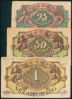 VILLAROBLEDO (ALBACETE). 25 Céntimos, 50 Céntimos y 1 Peseta. 20 de Septiembre de 1937. Serie A, B y A, respectivamente. (González: 5731/33). Inusual ...