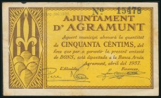 AGRAMUNT (LERIDA). 50 Céntimos. Abril 1937. (González: 6014). Inusual. MBC-.