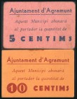 AGRAMUNT (LERIDA). 5 Céntimos y 10 Céntimos. (1938ca). El 5 cts "escudo grande" y el 10 cts "escudo pequeño". (González: 6017, 6018). Raros. MBC+.