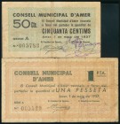 AMER (GERONA). 50 Céntimos y 1 Peseta. 1 de Mayo de 1937. Serie A, ambos. (González: 6246/47). Serie completa. MBC.