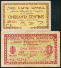 AMPOSTA (TARRAGONA). 50 Céntimos y 1 Peseta. 1 de Julio de 1937. Series B y A, respectivamente. (González: 6275/76). Serie completa. EBC/MBC.