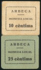 ARBECA (LERIDA). 10 Céntimos y 25 Céntimos. (1938ca). (González: 6312/13). Muy rara serie completa. MBC+.