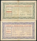 ARTES (BARCELONA). 50 Céntimos y 1 Peseta. Junio 1937. (González: 6411/12). Rara serie completa. MBC.