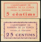 BARBERA DE LA CONCA (TARRAGONA). 5 Céntimos y 25 Céntimos. (1937ca). (González: 6517/18). Rara serie completa. EBC.