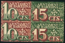BARCELONA. 10 Céntimos (2) y 15 Céntimos (2) (unidos en un bloque de cuatro). 2 de Diciembre de 1937. Serie A y B. (González: 6523/24). SC.