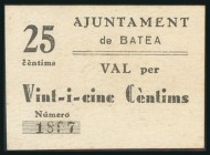 BATEA (TARRAGONA). 25 Céntimos. (1937ca). (González: 6917). Raro. EBC+.