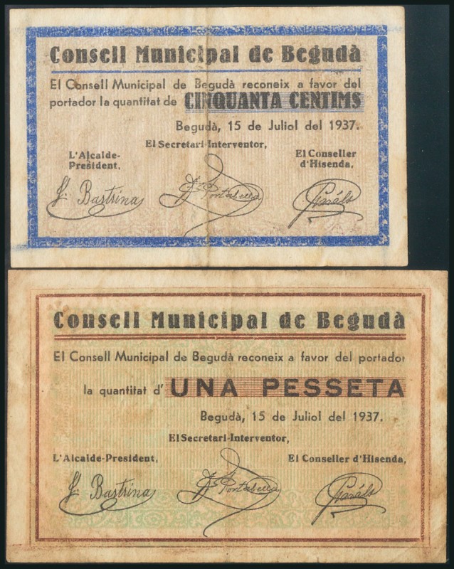 BEGUDA (GERONA). 50 Céntimos y 1 Peseta. 15 de Julio de 1937. Series B y A, resp...