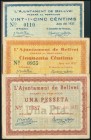 BELLVEI DEL PENEDES (TARRAGONA). 25 Céntimos, 50 céntimos y 1 Peseta. Junio 1937. (González: 6998, 6999, 7001). Raros. EBC/MBC.