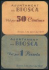 BIOSCA (LERIDA). 50 Céntimos y 1 Peseta. 1 de Julio de 1937. (González: 7056/57). Rara serie completa. EBC-.