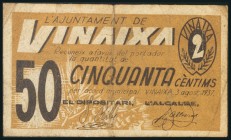 VINAIXA (LERIDA). 50 Céntimos. 3 de Agosto de 1937. (González: 10912). Muy raro, presencia de cinta adhesiva al dorso. BC.