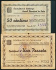 XERTA (TARRAGONA). 50 Céntimos y 1 Peseta. 1937. Series B y A, respectivamente. (González: 10922, 10924). Rarísimos. BC+.