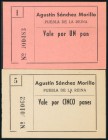 Conjunto de 2 vales por 1 pan y 5 panes de la panadería Agustín Sánchez Morillo, de Puebla de la Reina, de Badajoz. SC.