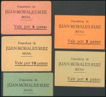 Conjunto de 5 vales de la panadería de Juan Morales Ruiz por 2 panes, 4 panes, 5 panes, 10 panes y 20 panes, de Rena, de Badajoz. EBC.