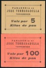 Conjunto de 2 vales de la panadería de José Torrebadella de 5 Kilos y 100 Kilos de pan, de Torrebeses, de Lérida. SC/EBC+.