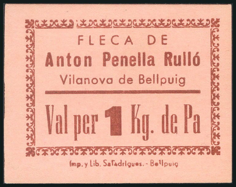 Vale de 1 Kilo de pan de Antón Penella Rulló, de Vilanova de Bellpuig, de Lérida...