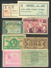 Conjunto de 33 billetes de la Guerra Civil de diferentes localidades y calidades, alguno de ellos falsos, se incluyen dos cupones de razomaniento. A E...
