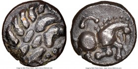 CENTRAL EUROPE. The Vindelici. Ca. 1st centuries BC. AR quinarius (13mm, 9h). NGC Choice VF. "Büschelquinar" type. Celticized male head right / Horse ...