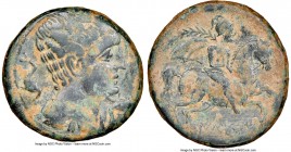 SPAIN. Iltirta. After 143 BC. AE unit (29mm, 3h). NGC VF. 143-20 BC. Male head right; three dolphins swimming around / ILTiRTA (Iberian), Horseman rea...