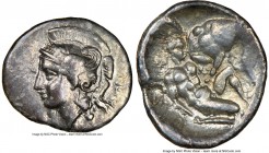 CALABRIA. Tarentum. Ca. 380-280 BC. AR diobol (13mm, 7h). NGC XF. Ca. 325-280 BC. Head of Athena left, wearing crested Attic helmet decorated with gri...