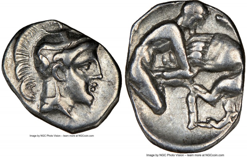 CALABRIA. Tarentum. Ca. 380-280 BC. AR diobol (12mm, 9h). NGC Choice VF. Ca. 325...