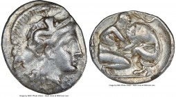 CALABRIA. Tarentum. Ca. 380-280 BC. AR diobol (13mm, 10h). NGC VF. Ca. 325-280 BC. Head of Athena right, wearing crested Attic helmet decorated with f...