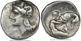 CALABRIA. Tarentum. Ca. 380-280 BC. AR diobol (12mm, 12h). NGC VF, brushed. Ca. 325-280 BC. Head of Athena left, wearing crested Attic helmet decorate...