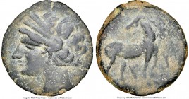 CARTHAGE. Zeugitana. Second Punic War Issue (ca. 221-201 BC). AE (22mm, 12h). NGC VF. Head of Tanit left, wreathed with grain, wearing pendant earring...