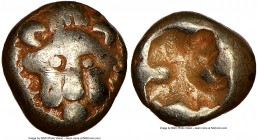 IONIA. Miletus. Ca. 600-550 BC. EL 1/24 stater or myshemihecte(6mm, 0.57 gm). NGC Choice Fine. Lion or panther head facing / Irregular incuse punch. S...
