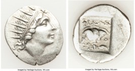 CARIAN ISLANDS. Rhodes. Ca. 88-84 BC. AR drachm (17mm, 2.63 gm, 11h). VF. Plinthophoric standard, Philon, magistrate. Radiate head of Helios right / Φ...