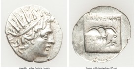 CARIAN ISLANDS. Rhodes. Ca. 88-84 BC. AR drachm (17mm, 1.89 gm, 12h). VF. Plinthophoric standard, Callixei(nos), magistrate. Radiate head of Helios ri...