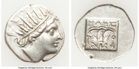 CARIAN ISLANDS. Rhodes. Ca. 88-84 BC. AR drachm (15mm, 2.32 gm, 12h). Choice VF. Plinthophoric standard, Maes, magistrate. Radiate head of Helios righ...