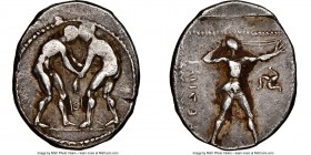 PAMPHYLIA. Aspendus. Ca. 380-330 BC. AR stater (25mm, 12h). NGC Choice Fine. Two wrestlers grappling, KI between, all within dotted circle / Slinger s...