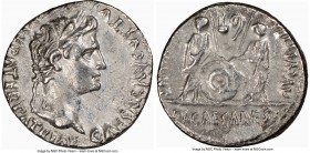 Augustus (27 BC-AD 14). AR denarius (18mm, 3.44 gm, 7h). NGC AU 4/5 - 2/5. Lugdunum, 2 BC-AD 4. CAESAR AVGVSTVS-DIVI F PATER PATRIAE, laureate head of...