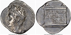 Augustus (27 BC-AD 14). AR denarius (19mm, 6h). NGC VF, bankers marks. Spain (Colonia Patricia?), ca. 19-18 BC. Laureate head of Augustus left; dotted...
