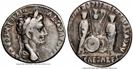 Augustus (27 BC-AD 14). AR denarius (19mm, 5h). NGC Choice Fine, bankers mark. Lugdunum, 2 BC-AD 4. CAESAR AVGVSTVS-DIVI F PATER PATRIAE, laureate hea...