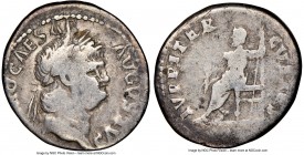 Nero (AD 54-68). AR denarius (19mm, 5h). NGC Fine. Rome, ca. AD 64-65. IMP NERO CAESAR-AVGVSTVS, laureate head of Nero right / IVPPITER-CVSTOS, Jupite...
