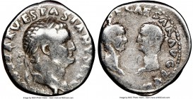 Vespasian (AD 69-79), with Titus and Domitian. AR denarius (16mm, 6h). NGC Fine. Rome, January-June AD 70. IMP CAESAR VESPASIANVS AVG, laureate head o...
