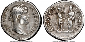 Hadrian (AD 117-138). AR denarius (18mm, 6h). NGC VF. Rome, AD 133-135. HADRIANVS-AVG COS III P P, laureate head of Hadrian right / ADVEN-TVS AVG, Rom...