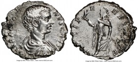 Caracalla, as Caesar (AD 198-217). AR denarius (19mm, 12h). NGC XF. Rome, AD 196-198. M AVR ANTO-N CAES PONTIF, bare-headed, draped, cuirassed bust of...