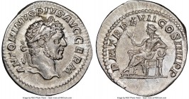 Caracalla, as Augustus (AD 198-217). AR denarius (20mm, 7h). NGC AU, flan flaw. Rome, AD 214. ANTONINVS PIVS AVG GERM, laureate head of Caracalla righ...