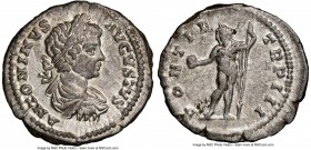 Caracalla, as Augustus (AD 198-217). AR denarius (20mm, 1h). NGC Choice XF, scuff. Rome, AD 200. ANTONINVS-AVGVSTVS, laureate, draped and cuirassed bu...