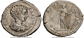 Geta (AD 209-211). AR denarius (20mm, 1h). NGC XF. Rome, AD 200-202. P SEPT GETA-CAES PONT, bare-headed, draped bust of youthful Geta right, seen from...