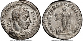 Elagabalus (AD 218-222). AR denarius (18mm, 6h). NGC AU. Rome. IMP ANTONINVS PIVS AVG, horned, laureate, draped bust of Elagabalus right, seen from fr...