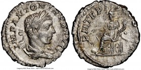 Elagabalus (AD 218-222). AR denarius (18mm, 5h). NGC AU, scratch. Rome, AD 219. IMP ANTO-NINVS AVG, laureate draped bust of Elagabalus right / P M TR ...