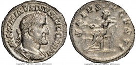 Maximinus I (AD 235-238). AR denarius (21mm, 6h). NGC AU. Rome, AD 235-236. IMP MAXIMINVS PIVS AVG, laureate, draped and cuirassed bust of Maximinus r...